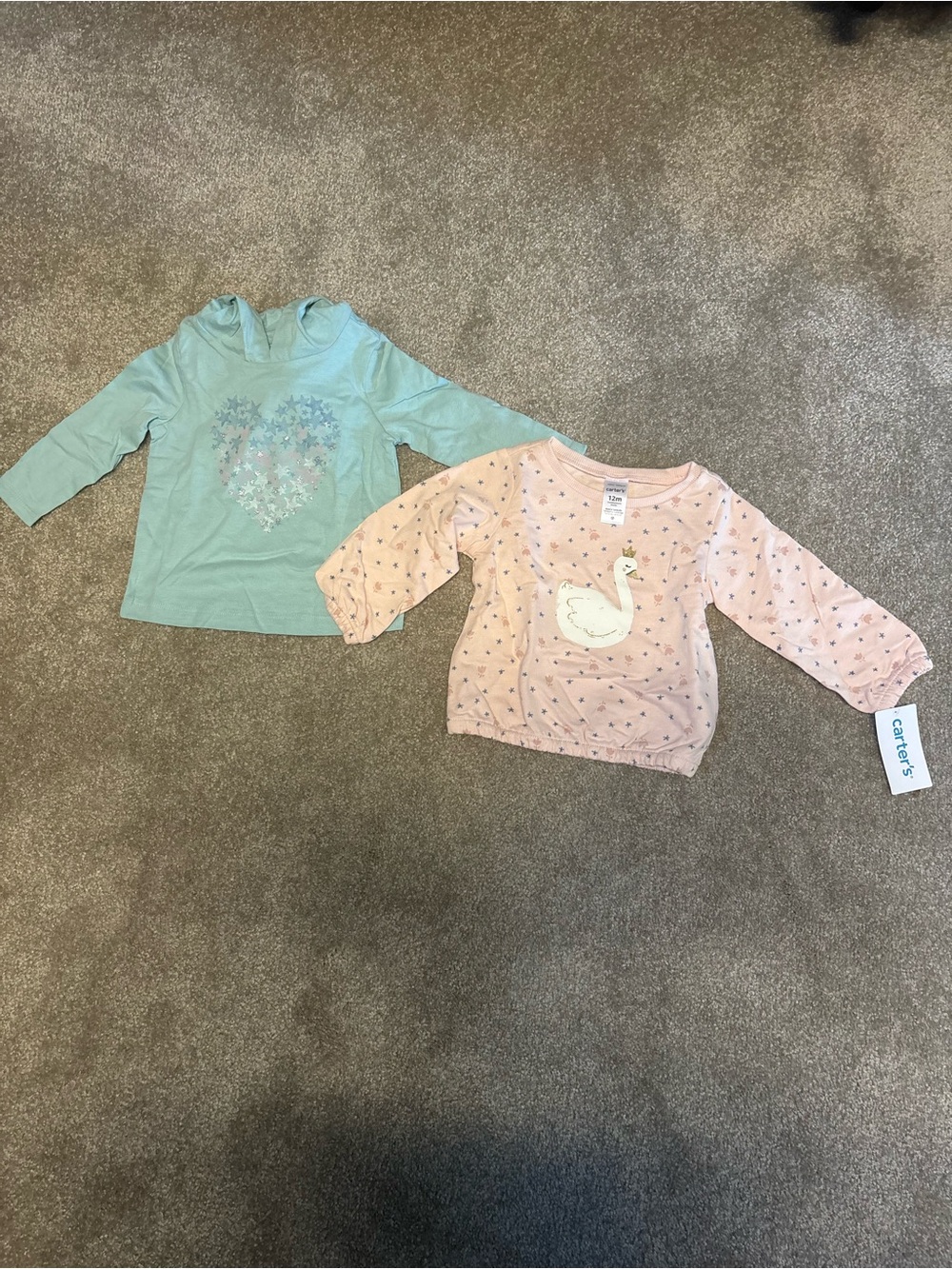 Carter's Peach Swan & Mint Heart Long-Sleeve Kids Tops (Set of 2)